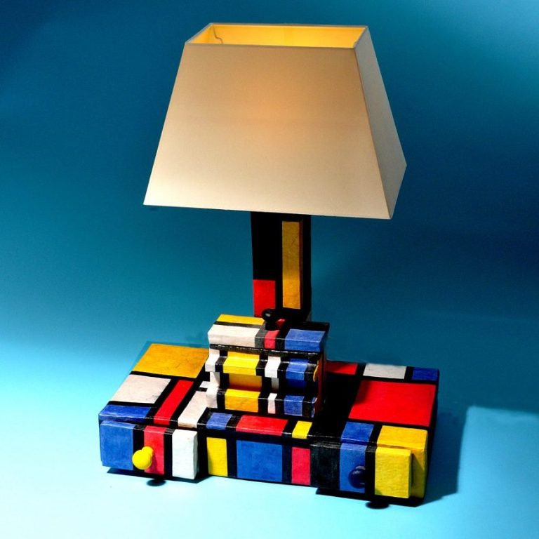 Lampe au style cubiste, avec un abat-jour blanc et une base colorée en rouge, jaune et bleu.